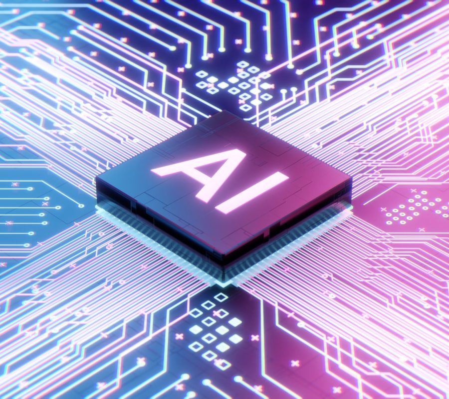 AI microprocessor on motherboard computer circuit, Artificial intelligence integrated inside Central Processors Unit or CPU chip, 3d rendering futuristic digital data technology concept background