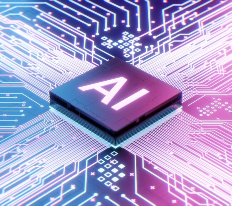 AI microprocessor on motherboard computer circuit, Artificial intelligence integrated inside Central Processors Unit or CPU chip, 3d rendering futuristic digital data technology concept background