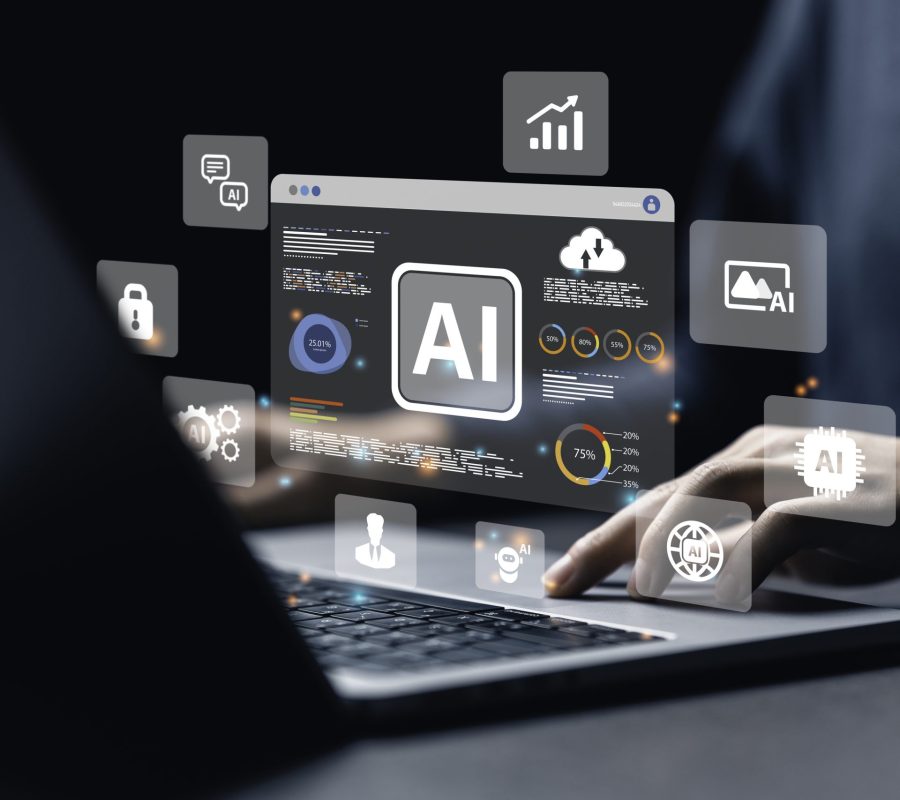 a data analyst using technology AI for working tool for data analysis Chatbot Chat with AI, using technology smart robot AI, artificial intelligence to generate something or Help solve work problems.
