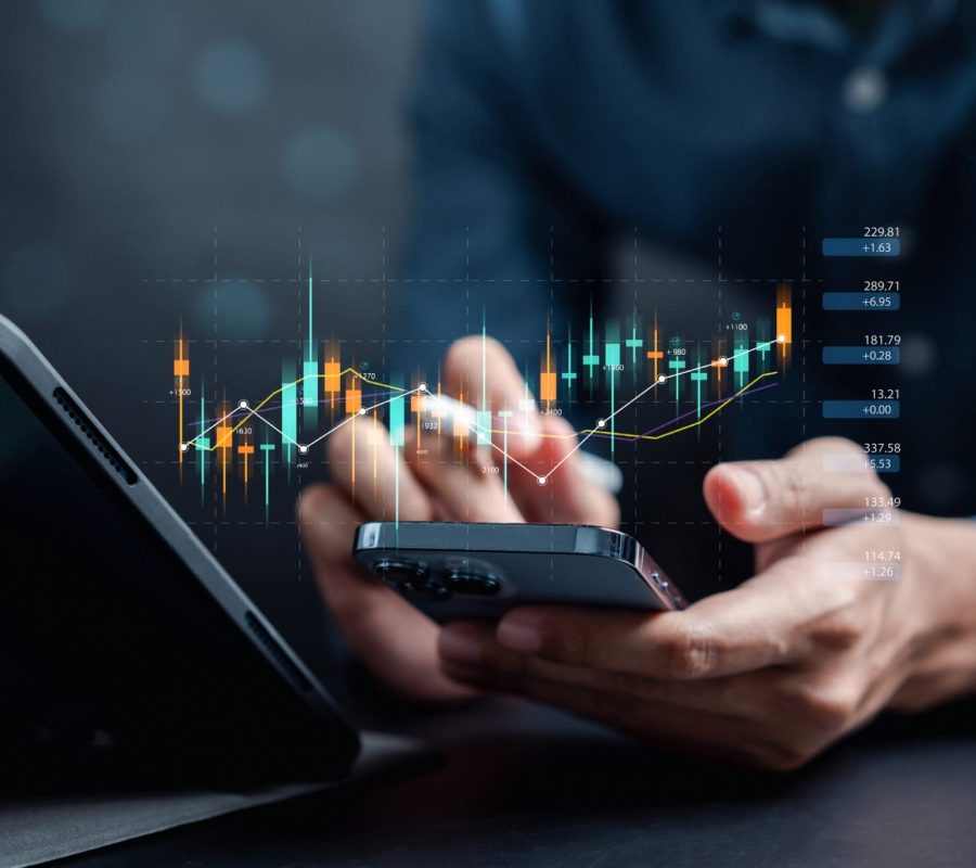 Businessmen investor think before buying stock market investment using smartphone to analyze trading data. investor analysis with stock exchange graph on screen. Financial stock market.