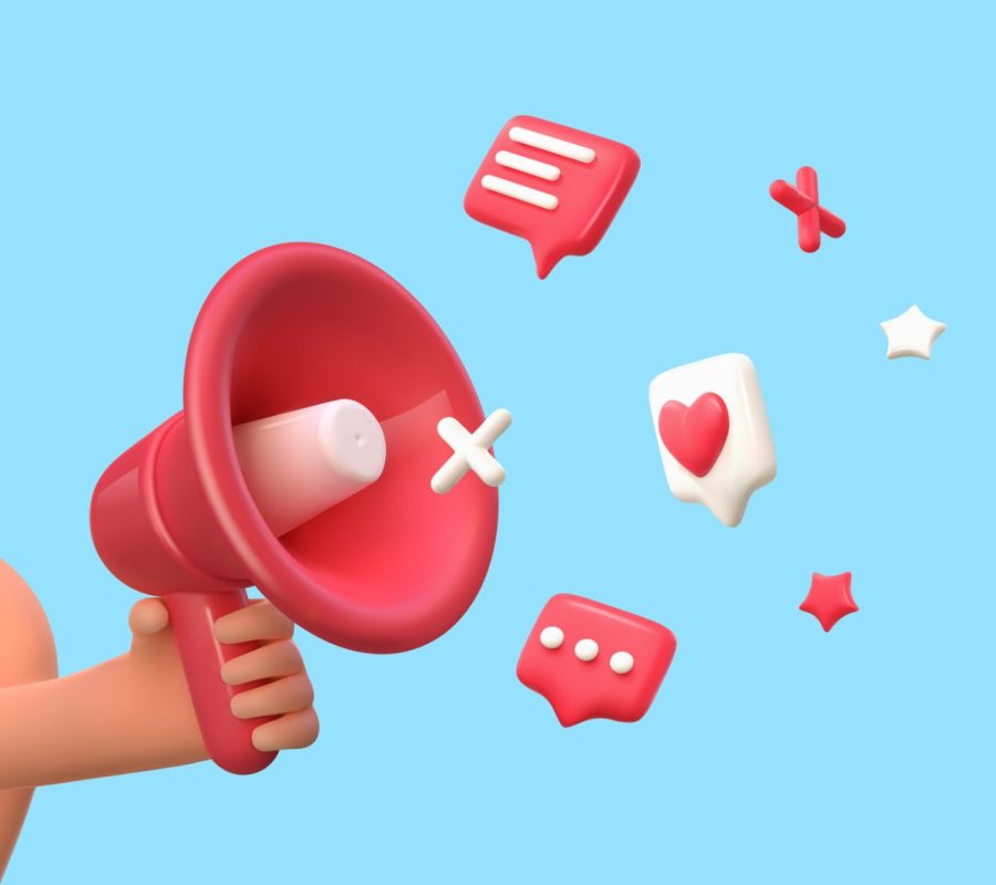 3d cartoon hand holding loudspeaker vector illustration. Customer attraction. Social media marketing